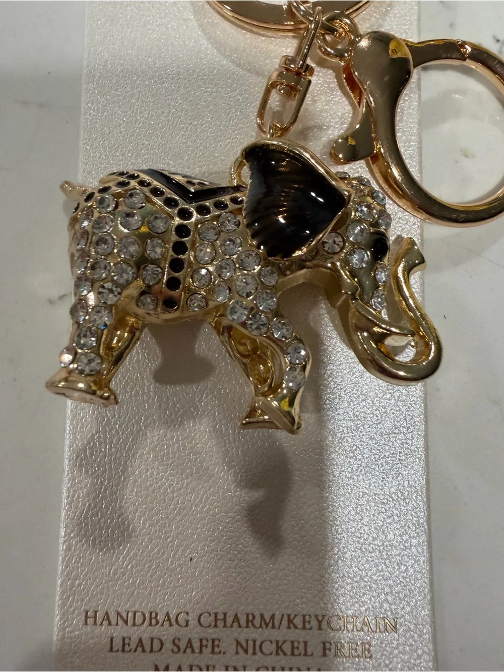 Natasha Couture Gold & Black Crystal Elephant Keychain